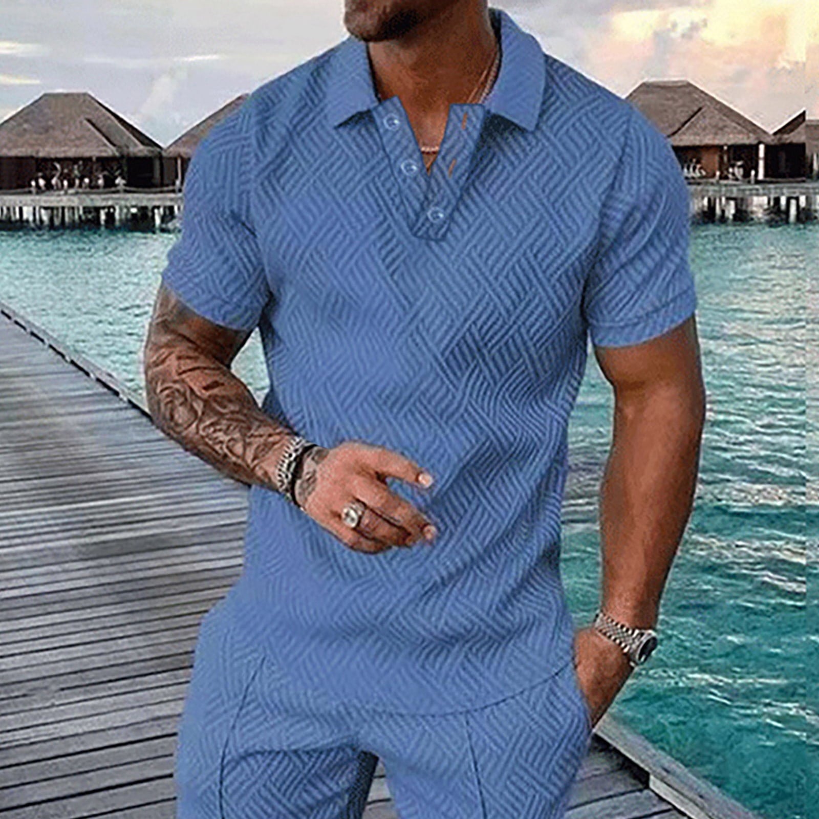 safuny Men's Loose Pullover Trendy Quarter Button Lapel Tees Summer Relaxed Solid Color Tops Clearance Activewear Casual Workout Short Sleeve Athletic Blue S