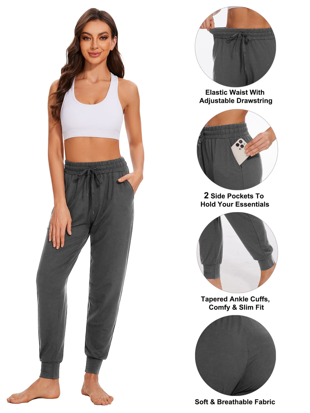 Hanerdun Womens Athletic Pants Ankle Pocket Elastic Waist Workout Joggers Activewear Dark Gray L