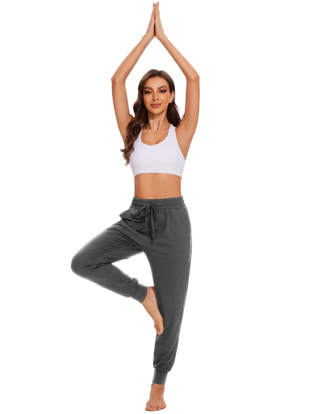 Hanerdun Womens Athletic Pants Ankle Pocket Elastic Waist Workout Joggers Activewear Dark Gray L