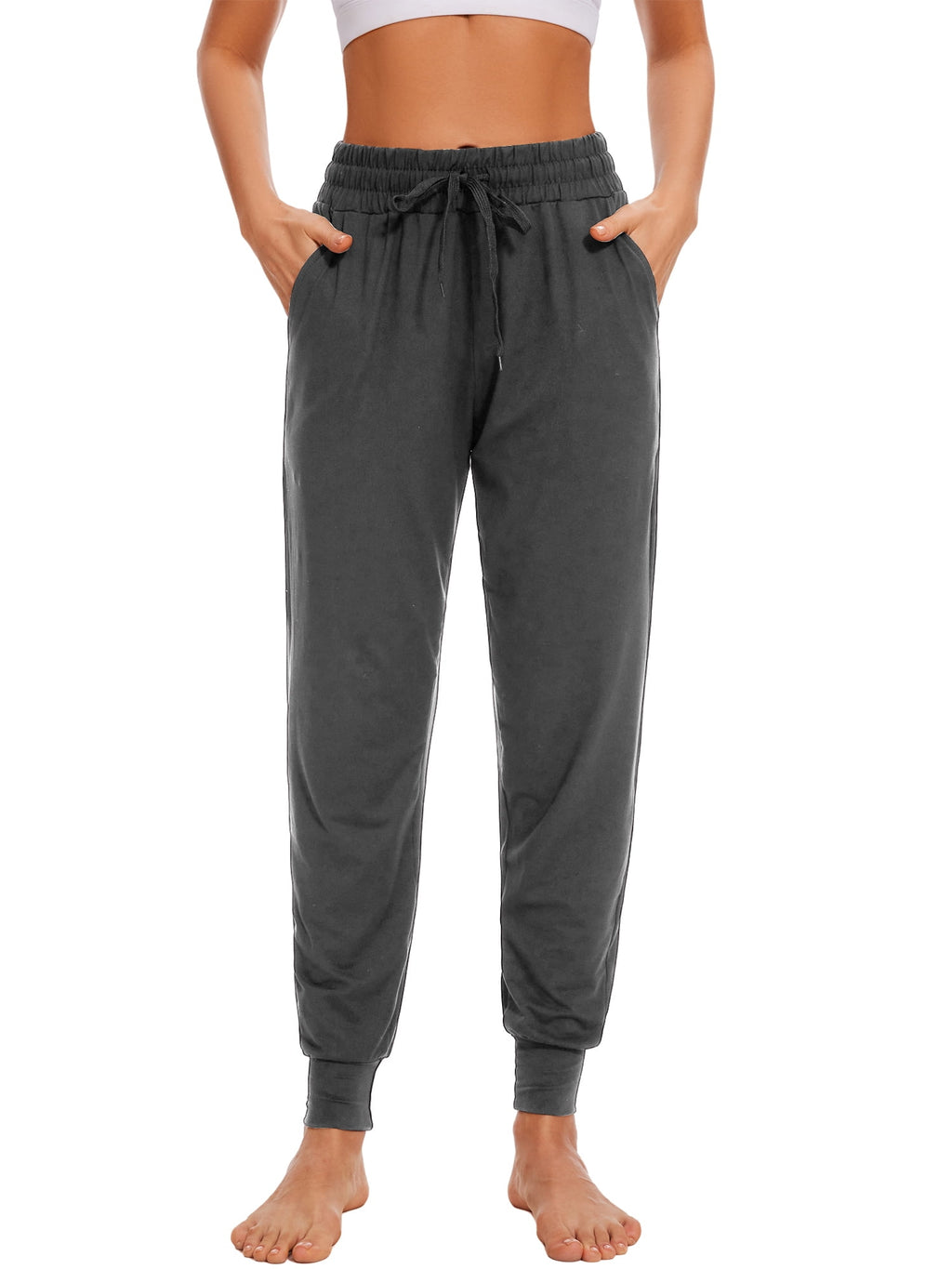 Hanerdun Womens Athletic Pants Ankle Pocket Elastic Waist Workout Joggers Activewear Dark Gray L