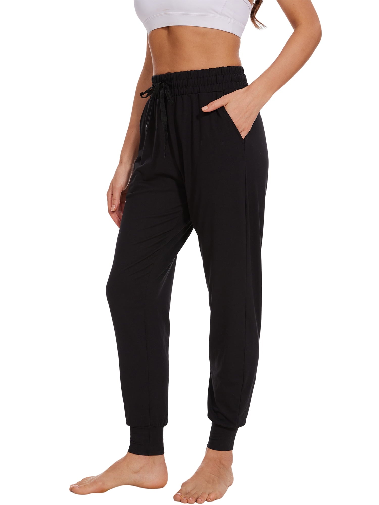 Hanerdun Womens Athletic Pants Ankle Pocket Elastic Waist Workout Joggers Activewear Dark Gray L