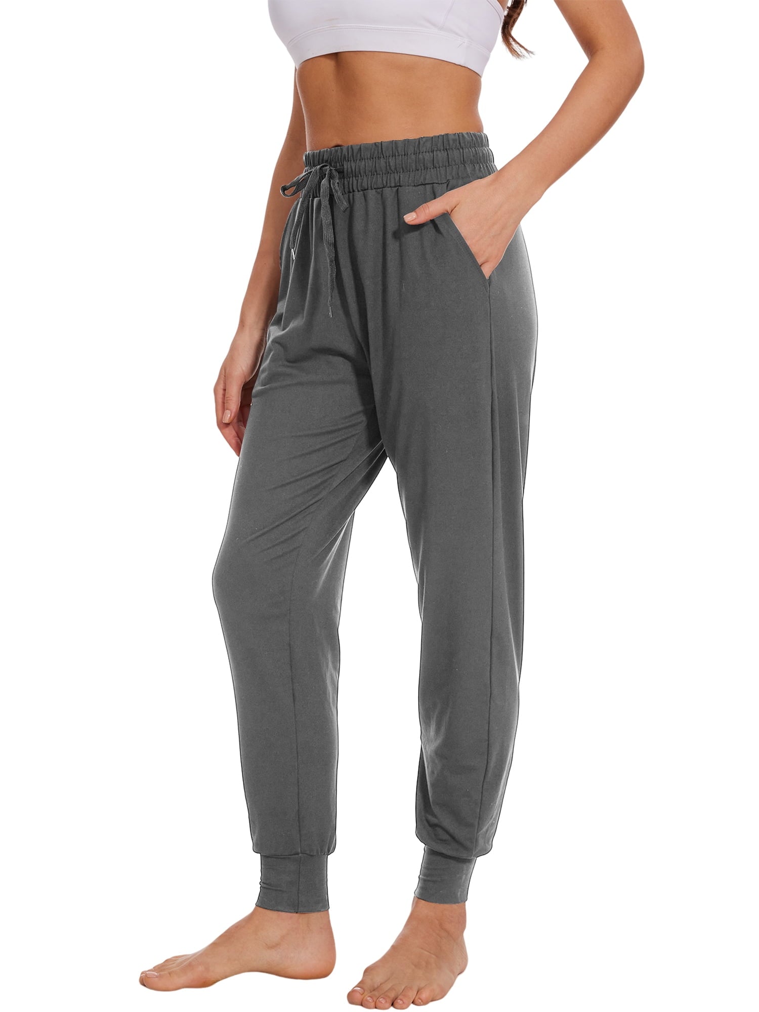 Hanerdun Womens Athletic Pants Ankle Pocket Elastic Waist Workout Joggers Activewear Dark Gray L