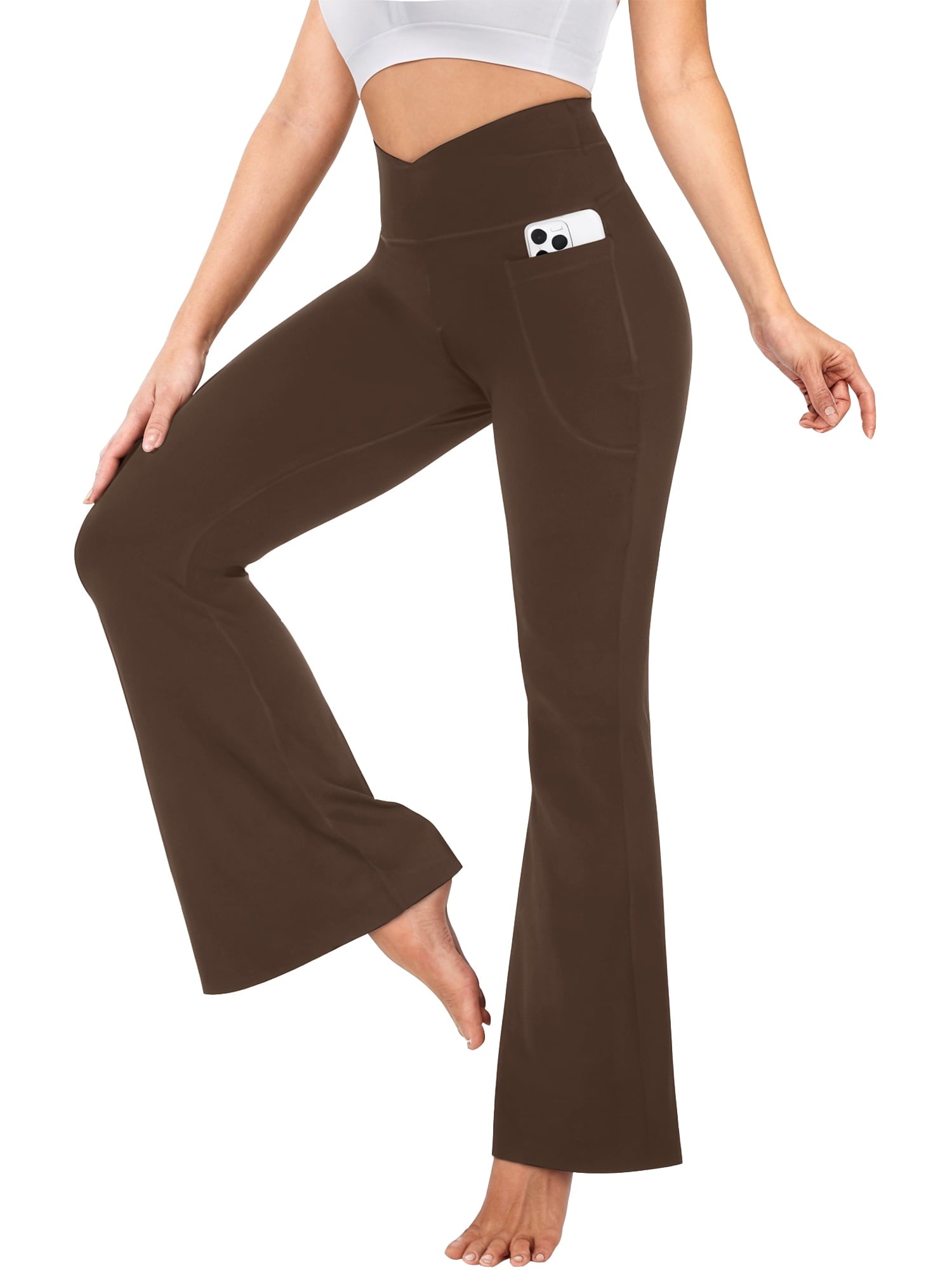 ValueVibe Womens Flare Yoga Pants with Pockets V Cross Waist Bootcut Pants Tummy Control Workout Leggings, Black L