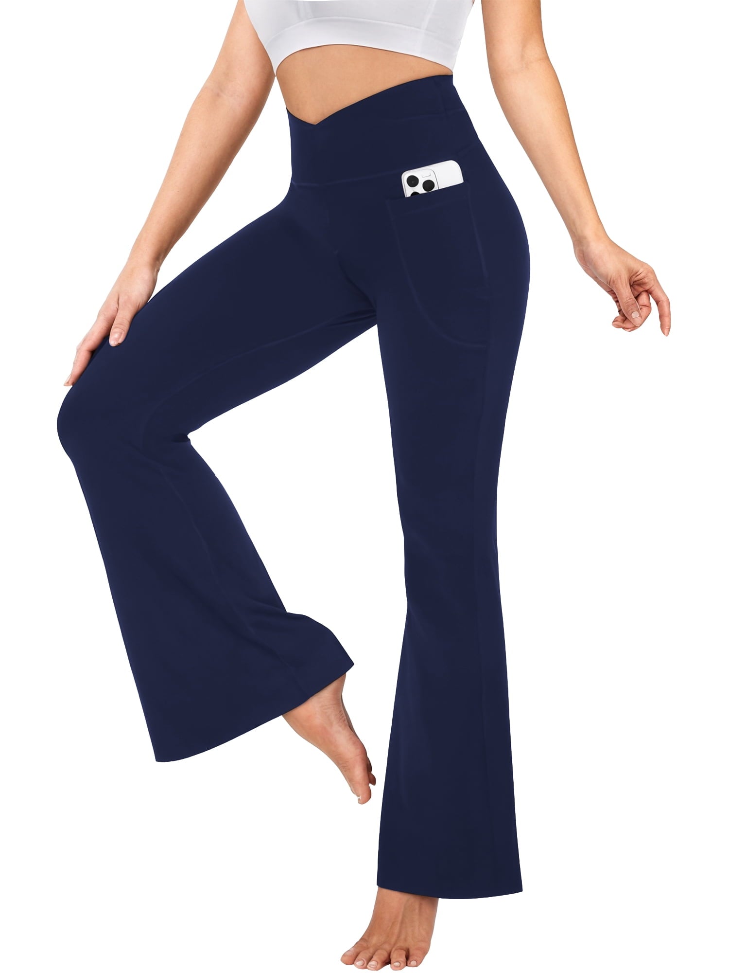 ValueVibe Womens Flare Yoga Pants with Pockets V Cross Waist Bootcut Pants Tummy Control Workout Leggings, Black L