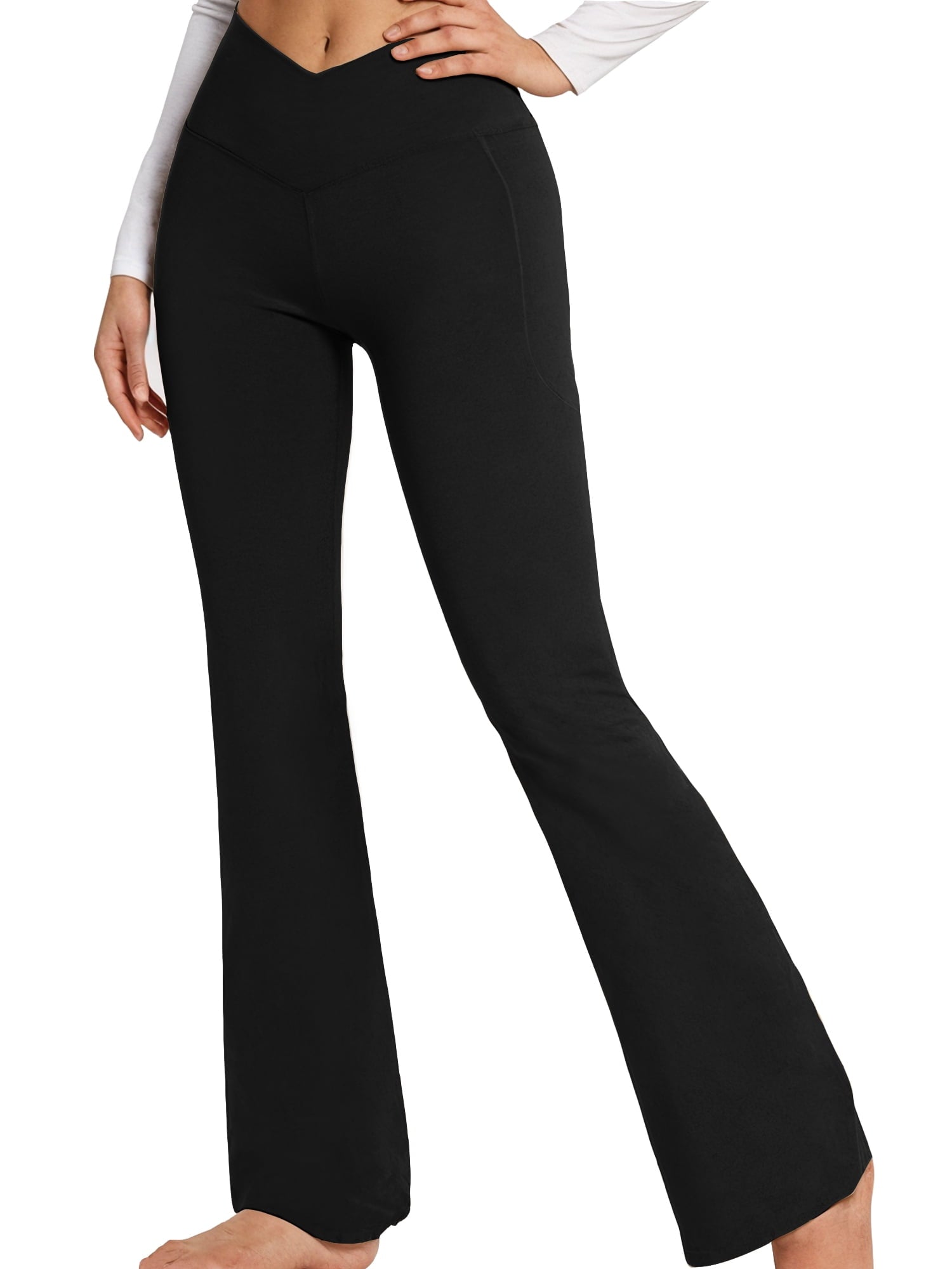 ValueVibe Womens Flare Yoga Pants with Pockets V Cross Waist Bootcut Pants Tummy Control Workout Leggings, Black L