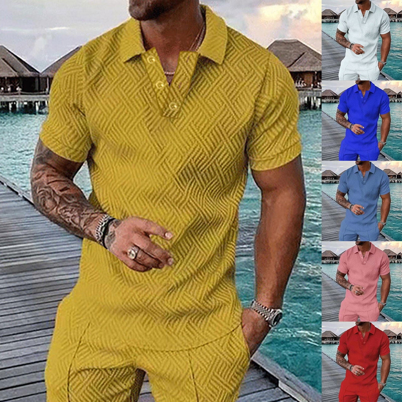 safuny Men's Loose Pullover Trendy Quarter Button Lapel Tees Summer Relaxed Solid Color Tops Clearance Activewear Casual Workout Short Sleeve Athletic Blue S